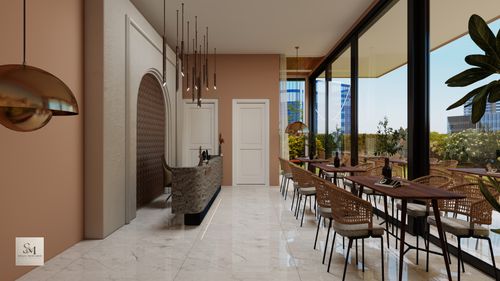 Free Sleek restaurant interior with elegant furniture and expansive windows. Stock Photo