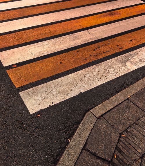 Free Perspective view of a crosswalk with fall colors and fallen leaves on the pavement. Stock Photo