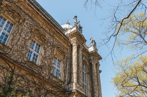 Free Elegant Neo-Baroque architectural detail with ivy on a historic building in Budapest, Hungary. Stock Photo