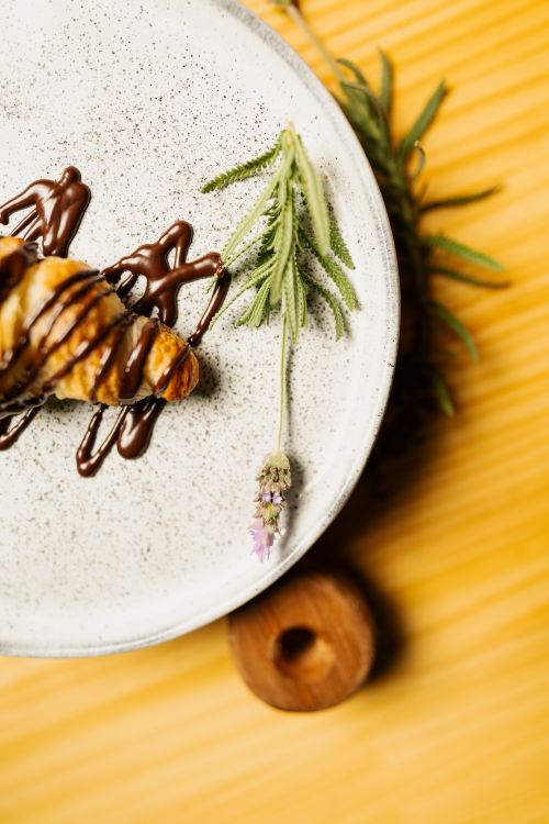 Free A gourmet croissant drizzled with chocolate on a speckled plate, complemented by lavender and rosemary garnish. Stock Photo