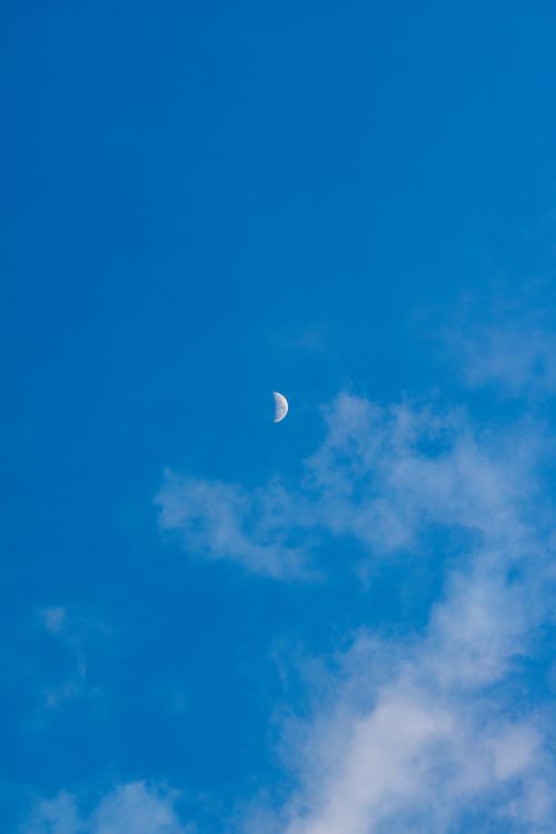 Free Captivating image of a half moon in a bright day sky with soft clouds. Stock Photo