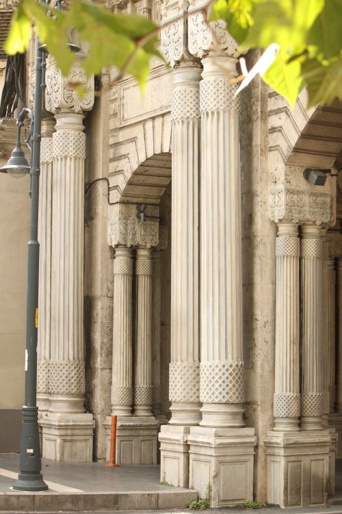 Free A close-up of ornate architectural columns with detailed carvings, capturing sunlight. Stock Photo