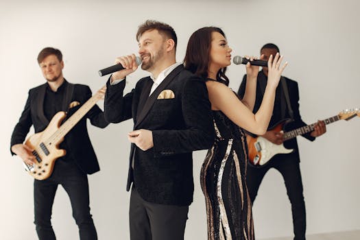 A stylish band performing on stage with singers and musicians captured in dynamic poses.