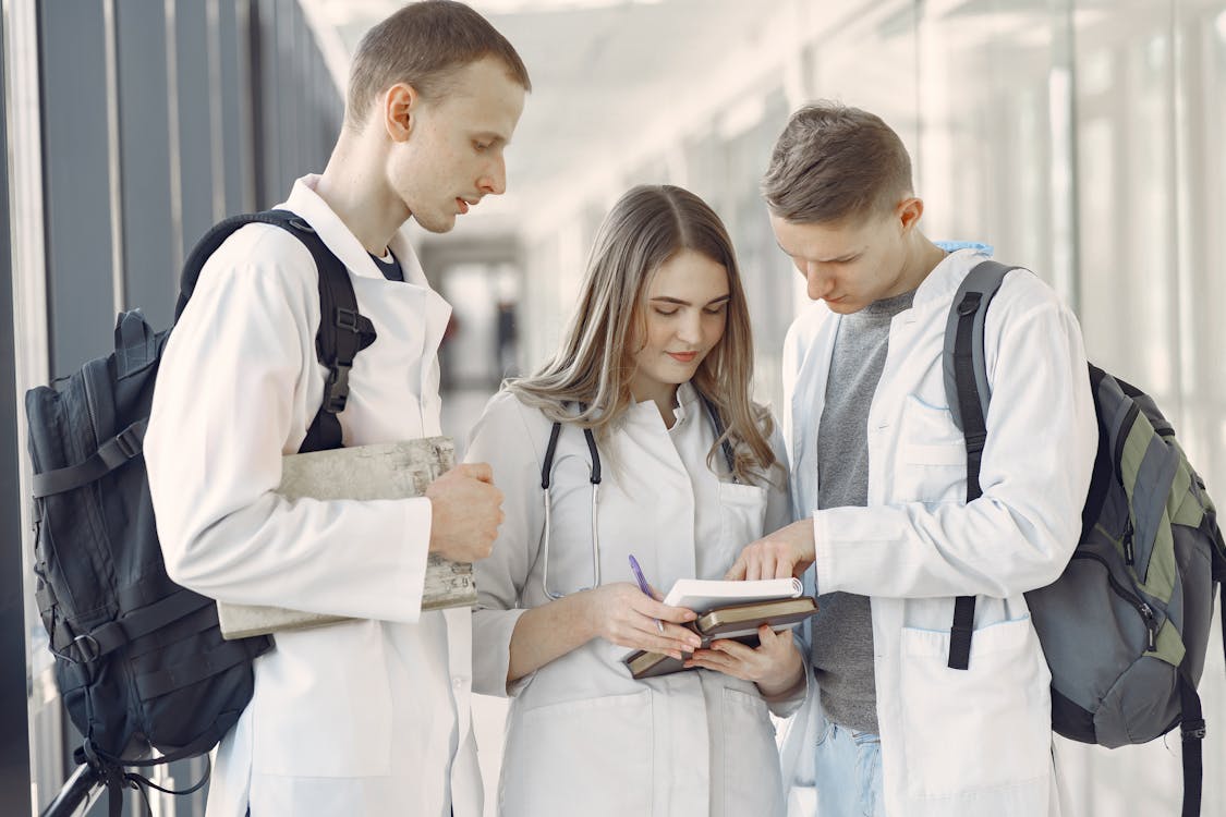 Free Group of Medical Students at the Hallway Stock Photo