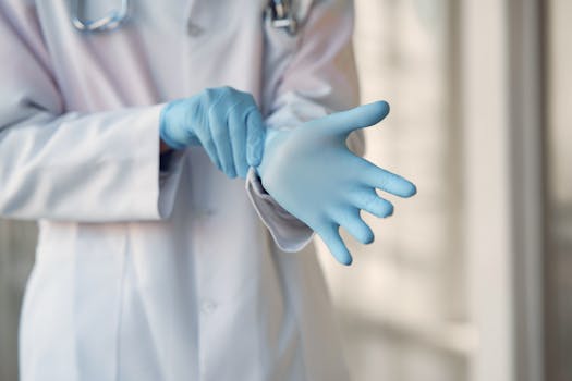 Close-up of a medical doctor wearing blue gloves for safety protection in a hospital setting.
