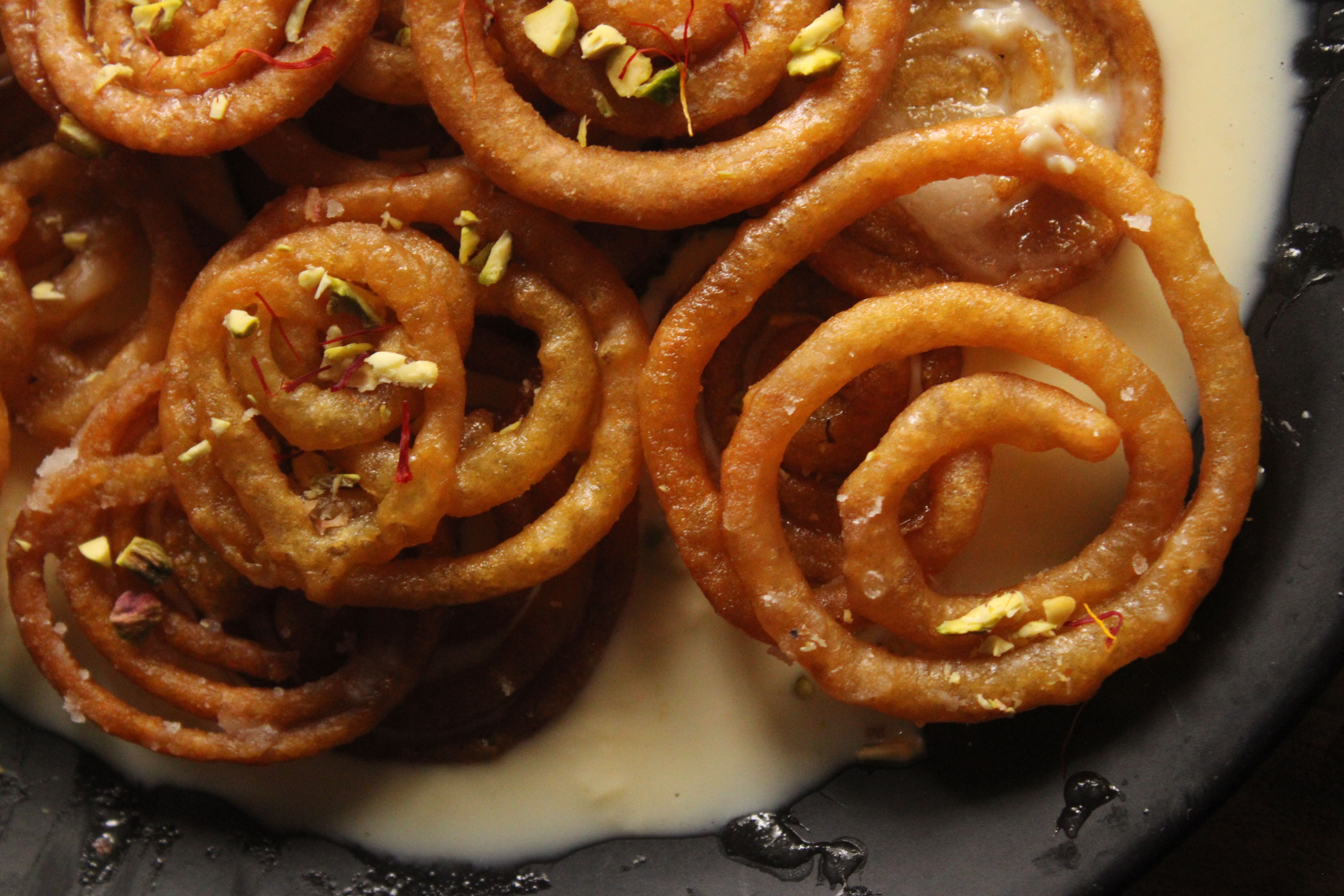 Sesame Jalebi in Saffron Rose Syrup