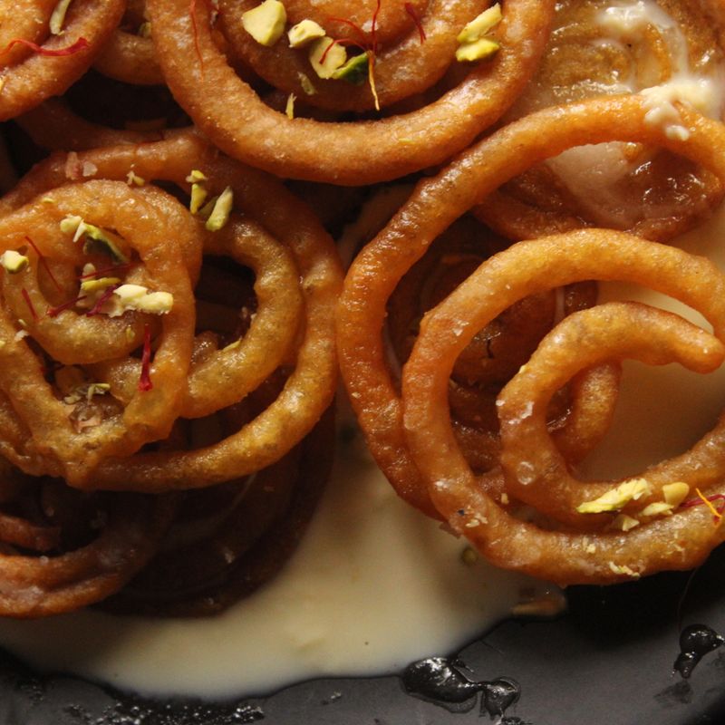 Sesame Jalebi in Saffron Rose Syrup