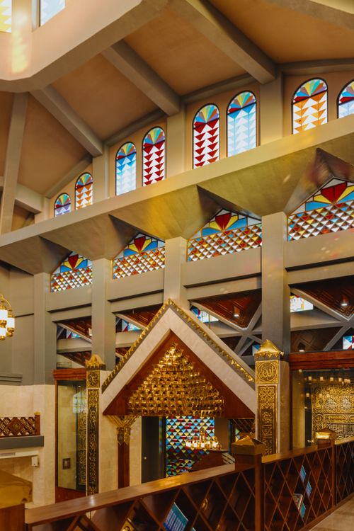 Free Stunning interior of mosque in Jawa Barat, Indonesia, with colorful stained glass. Stock Photo