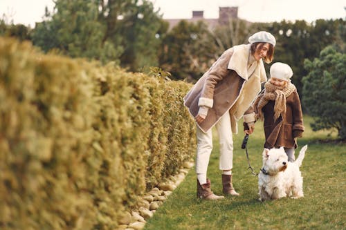 Woman and Little Girl in Brown Coat with their Small Dog on Green Grass Field