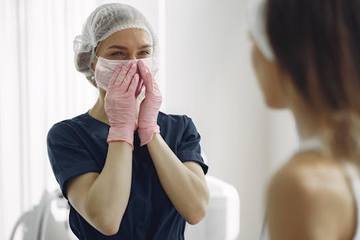 A smiling medical practitioner wearing gloves and a mask engages with a patient indoors.