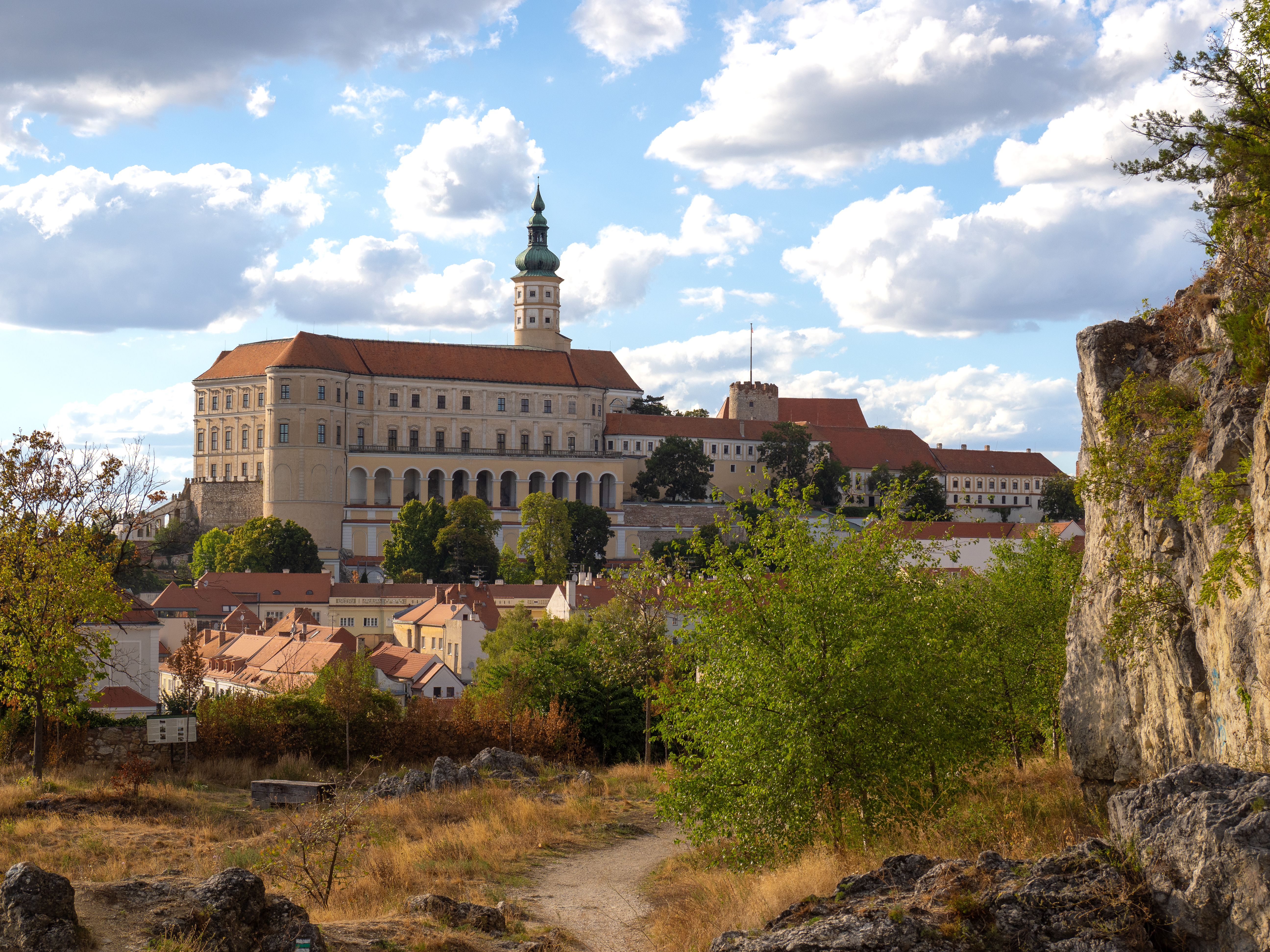 Scenic view of Mikulov Castle with vibrant landscape in South Moravia, Czech Republic.
