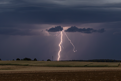 Free A powerful lightning bolt illuminates the cloudy evening sky over a rural field in France. Stock Photo