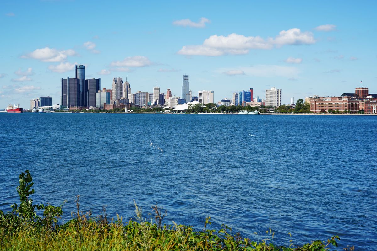 Detroit skyline across the Detroit River on a clear summer day