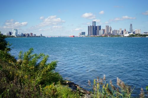 Free View of Detroit skyline and river on a clear day with lush greenery in the foreground. Stock Photo