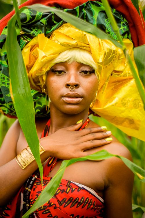 Free Portrait of a woman wearing vibrant African headwrap and jewelry in a lush greenery. Stock Photo