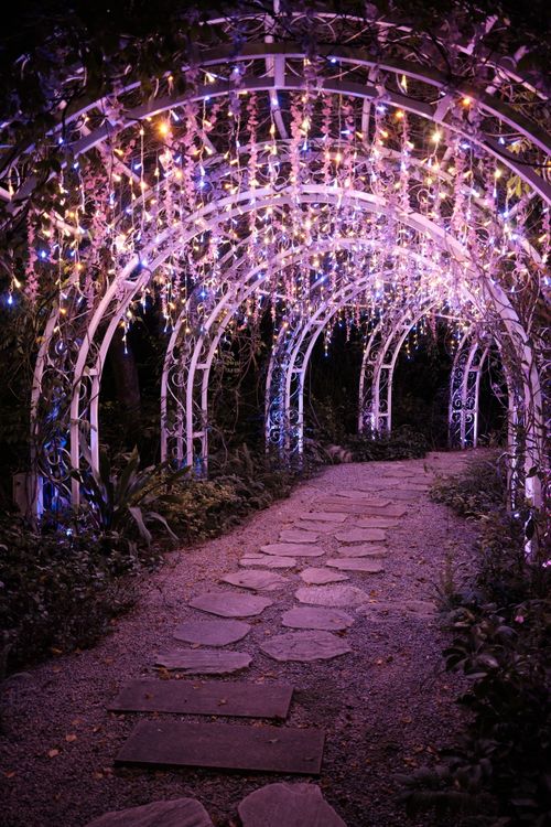 Free A magical garden path adorned with lights and floral arches, perfect for enchanting evenings. Stock Photo