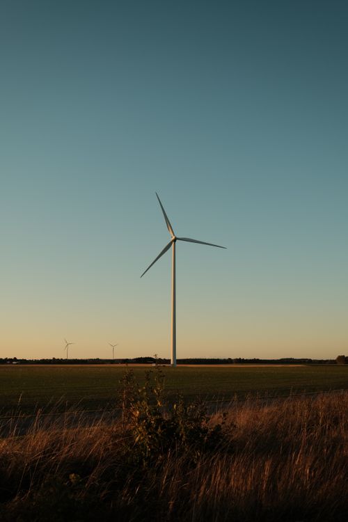 Free A serene landscape featuring wind turbines under a clear evening sky. Stock Photo