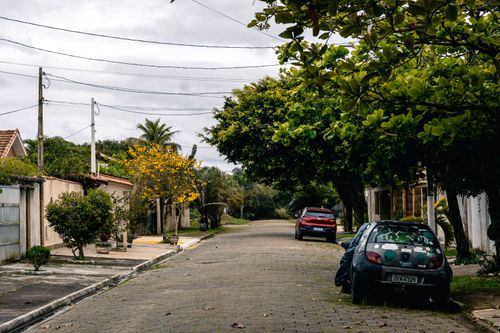 Free A peaceful neighborhood street in Peruíbe, Brazil, lined with trees and parked cars in daytime. Stock Photo