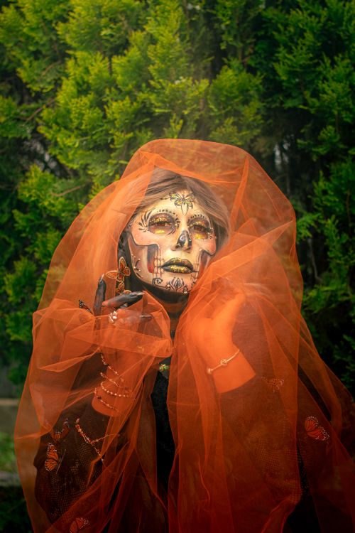 Free Artistic portrait of a Catrina adorned with vibrant makeup and an orange veil, celebrating Day of the Dead. Stock Photo