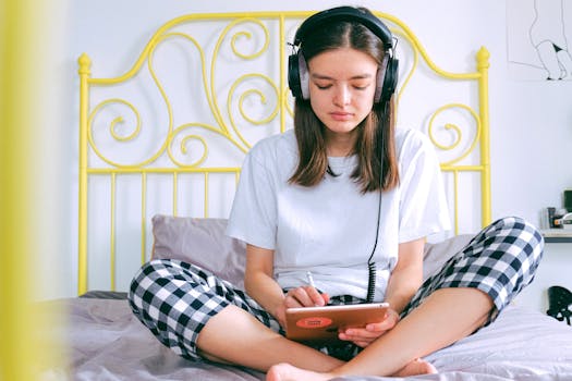 Young woman in pajamas working on a tablet in a cozy bedroom setting, illustrating remote work.