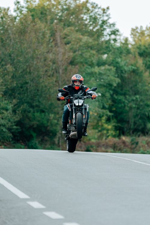 Free An adventurous motorcyclist executing a wheelie on a quiet road lined with lush greenery. Stock Photo