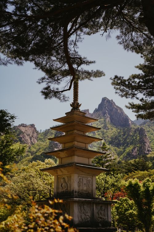 Free Scenic view of a traditional Korean pagoda and mountainous landscape in Seoraksan National Park. Stock Photo