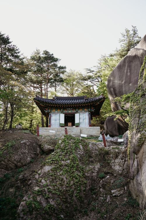 Free Traditional Korean temple nestled among trees and rock formations in Sokcho, South Korea. Stock Photo
