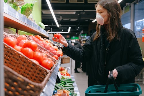 Woman in Face Mask Shopping in Supermarket