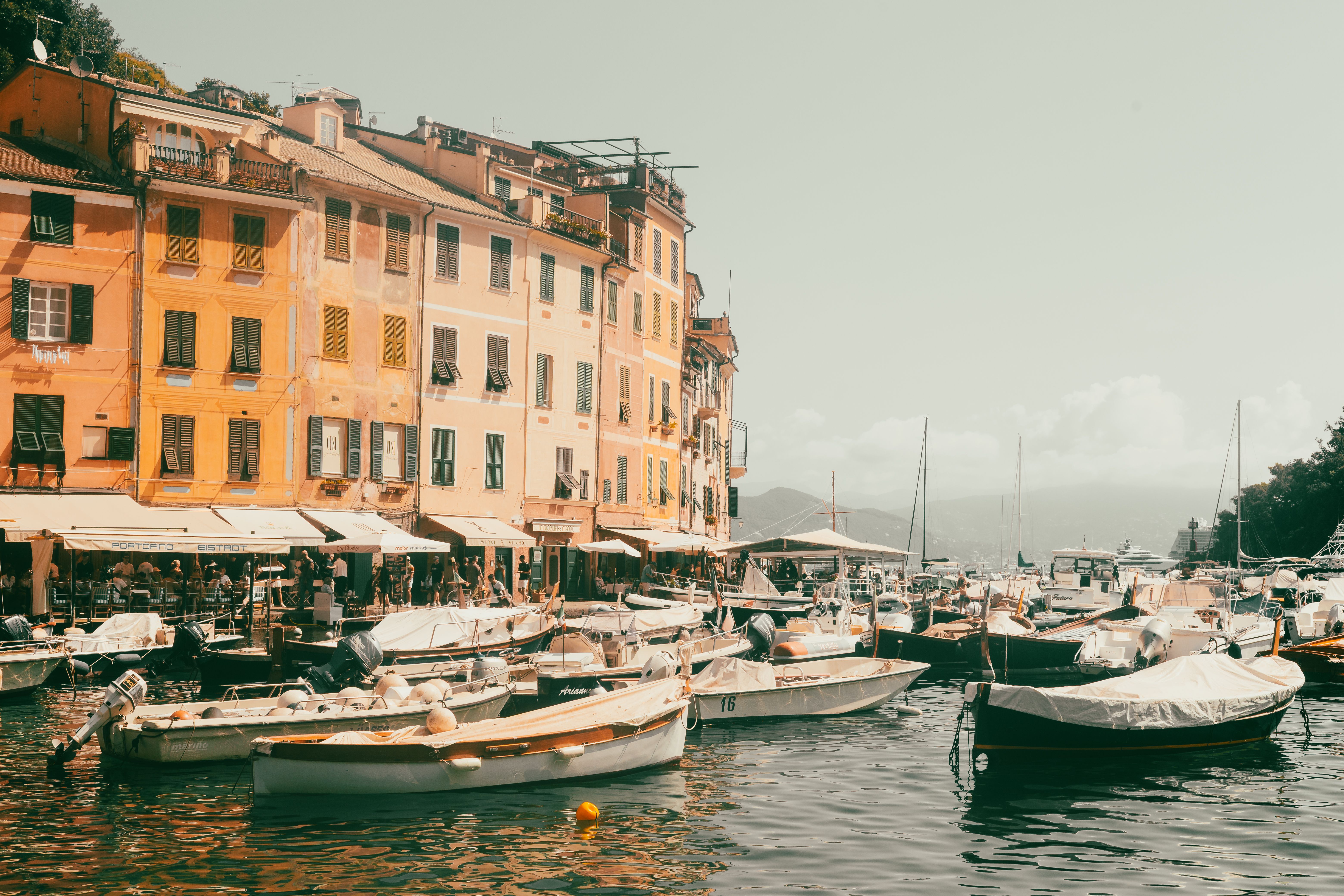 A vibrant view of Portofino's harbor filled with boats and colorful buildings under a clear sky.
