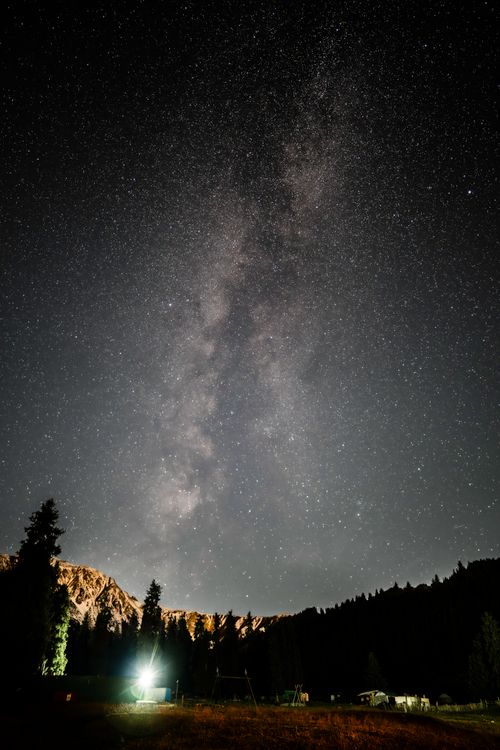 Free Stunning view of the Milky Way over Kyrgyzstan's mountainous landscape at night. Stock Photo