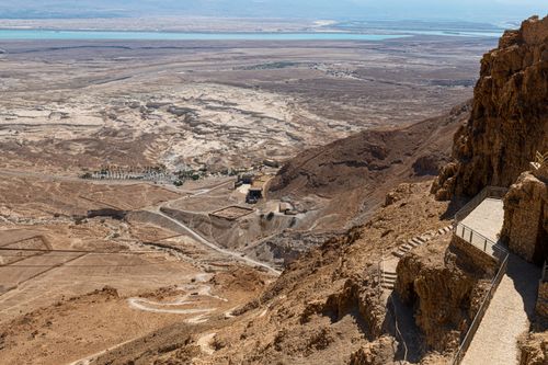 Free Breathtaking aerial view of Masada fortifications overlooking the Dead Sea in Israel. Stock Photo