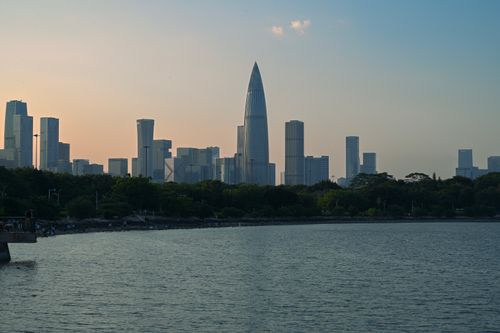 Free Scenic view of Shenzhen skyline during sunset with waterfront. Stock Photo