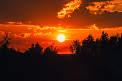 Free Captivating sunset view with vibrant colors over Cửa Tùng, showcasing silhouetted trees. Stock Photo
