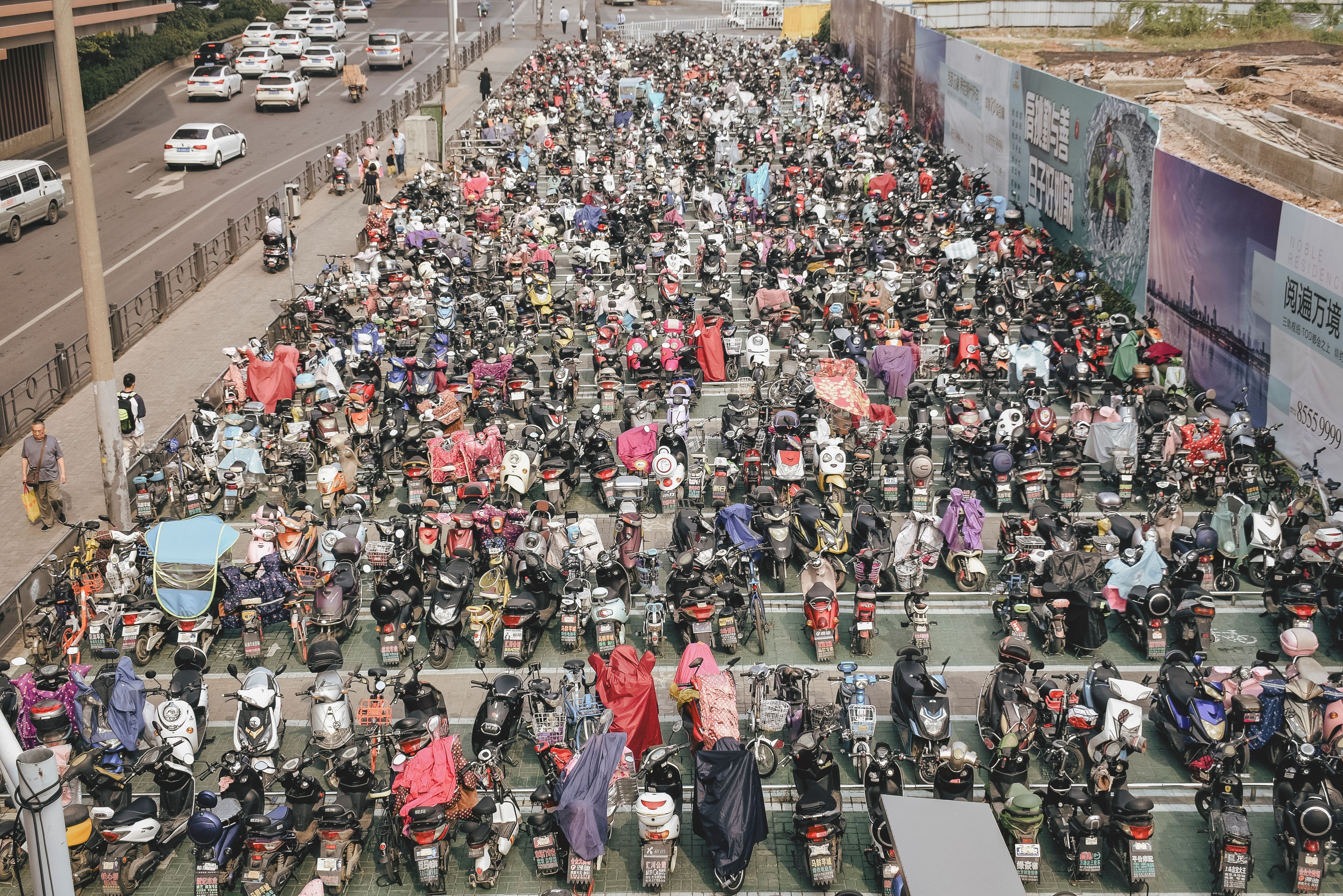 Crowded scooter parking area in Nanjing, China.