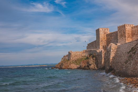Stone castle walls along the coastline under a clear blue sky, with birds flying nearby.