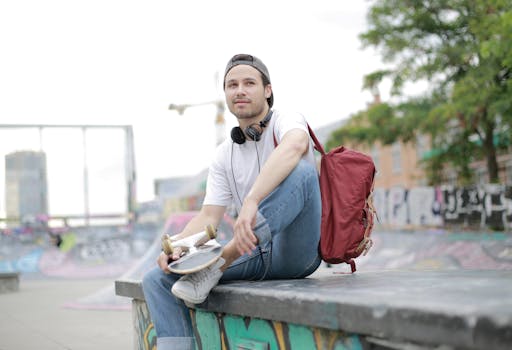 Casual skater chilling with skateboard at graffiti-covered skate park.
