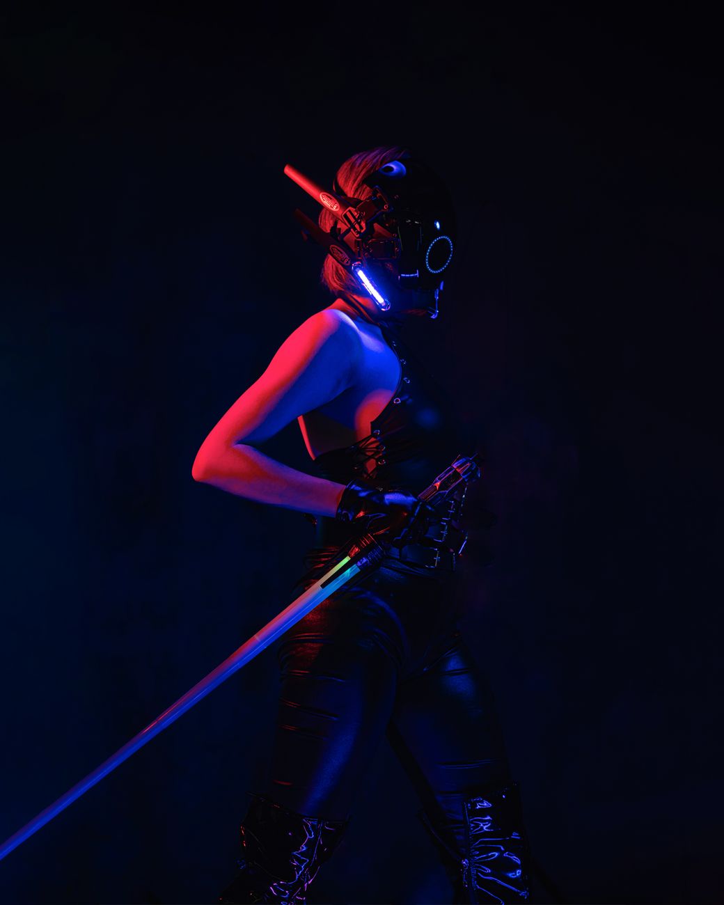A striking cyberpunk portrait of a warrior with neon lights and a sword.