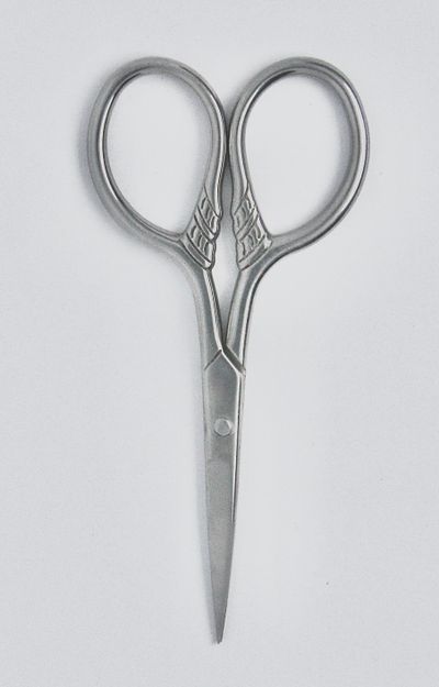 Forged stainless trimming shears on a plain white ground — photo by Nacho Lledò on Pexels