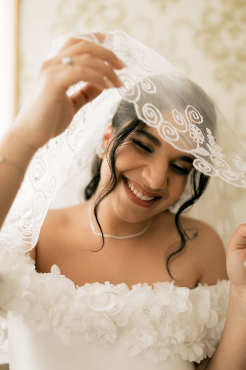 Free Bride smiling under a lace veil wearing a floral embroidered white dress. Stock Photo
