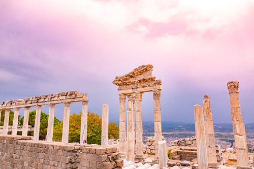 Free Beautiful view of ancient Roman ruins in Pergamon, Turkey, under a vibrant sunset sky. Stock Photo