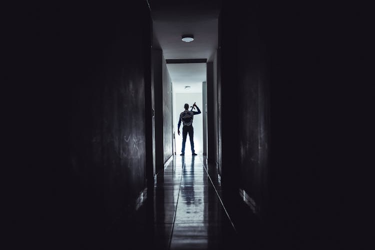 Silhouette Of Person With Sword And Shield Walking On Hallway