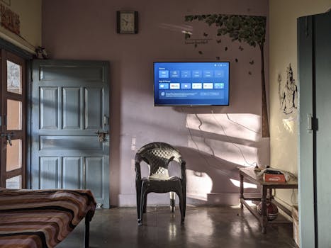 Sunlit living room in Kotdwar, India featuring modern wall-mounted TV and wooden furniture.