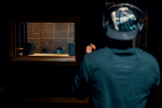 A person in headphones recording music in a professional soundproof studio.