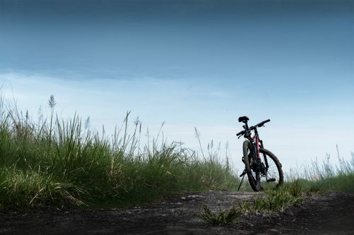Free A mountain bike stands alone on a scenic dirt path surrounded by lush tall grass under a clear blue sky. Stock Photo