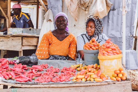 Two women selling tomatoes and peppers at an outdoor market, showcasing a vibrant market scene.