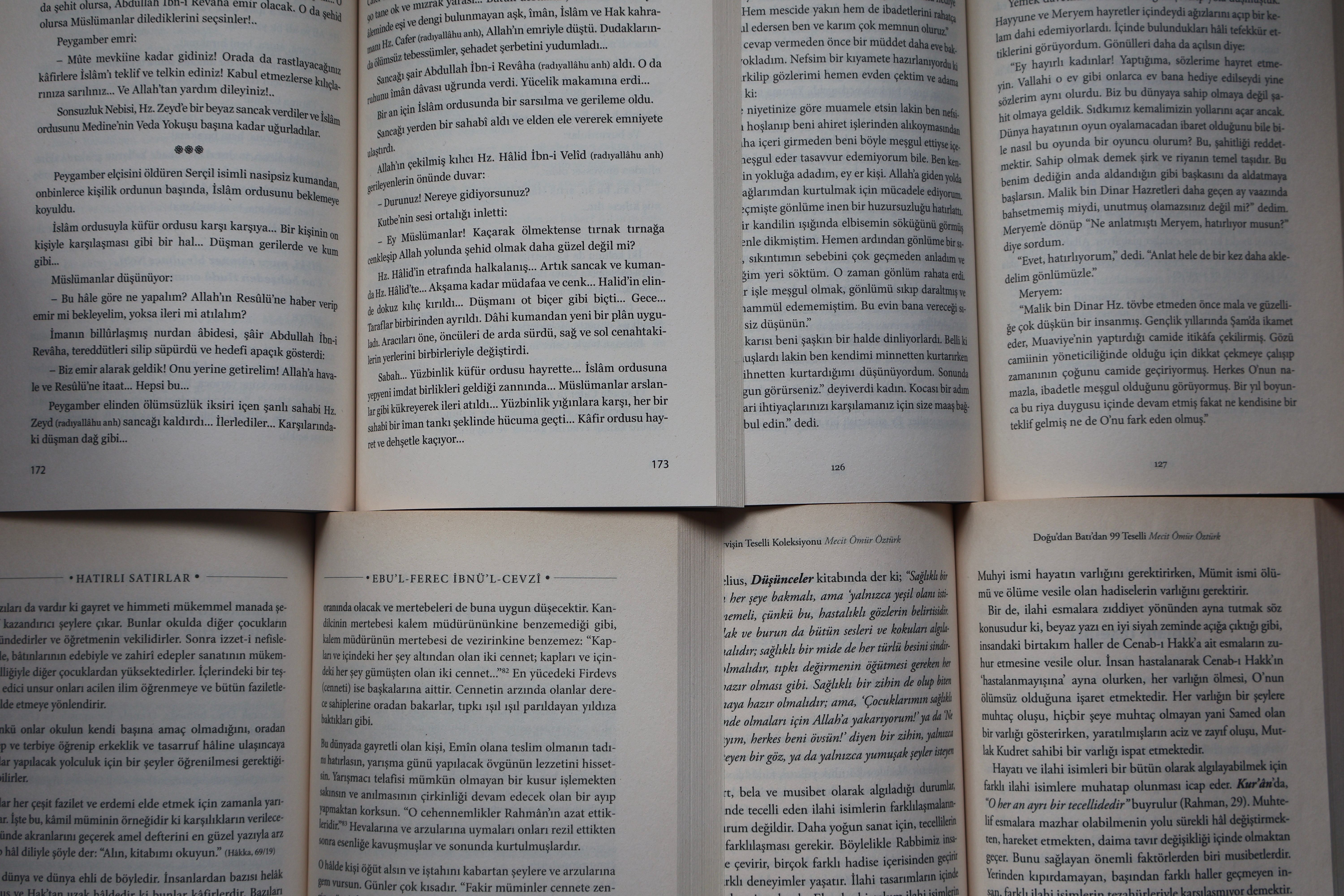 Open books with Turkish text arranged neatly under natural light.