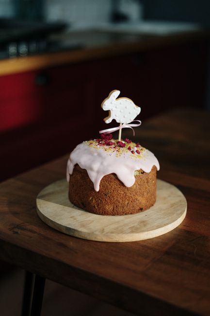 Delicious Easter cake with a bunny topper. Perfect for festive celebrations.