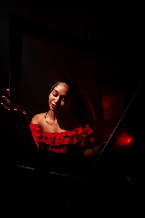 Free Artistic portrait of a woman in a red dress with deep shadow and light play. Stock Photo