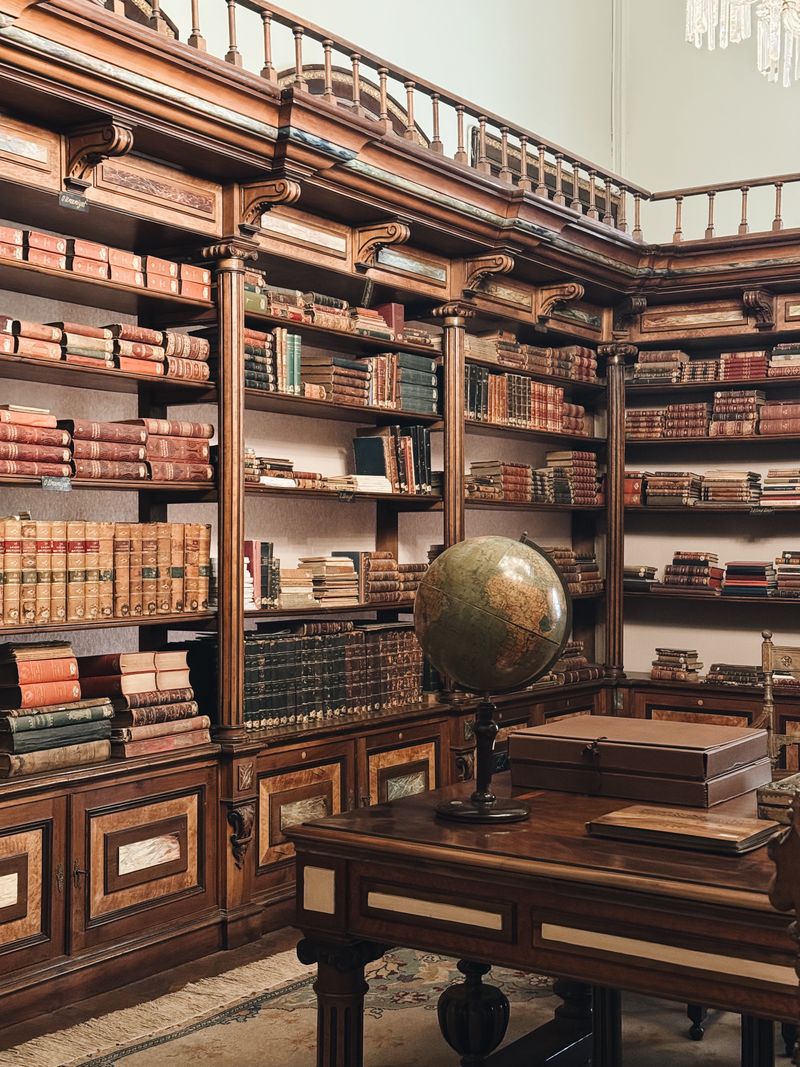 Classic vintage library with books and antique globe