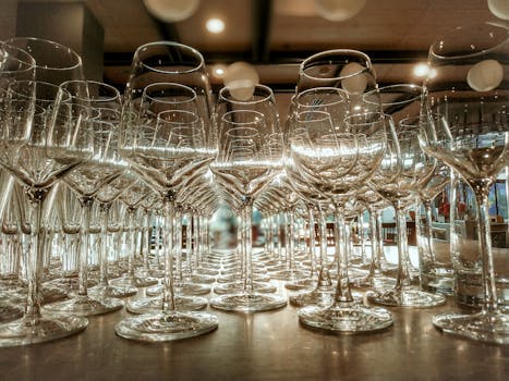 Crystal-clear wine glasses beautifully arranged on a restaurant table, reflecting elegance and sophistication.